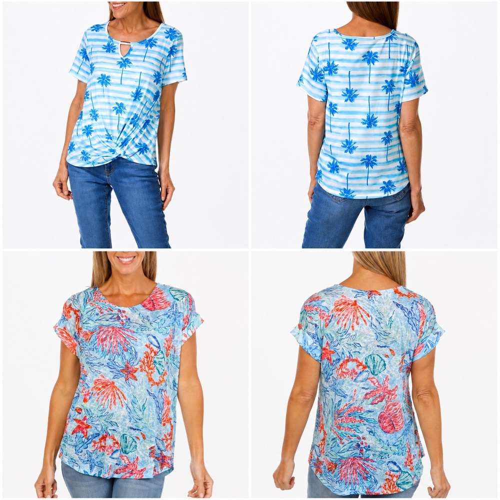 Lot of 2 NWT Casey Key & Onque Casual XL PXL Tropical Palm Tree Coral Top Bundle